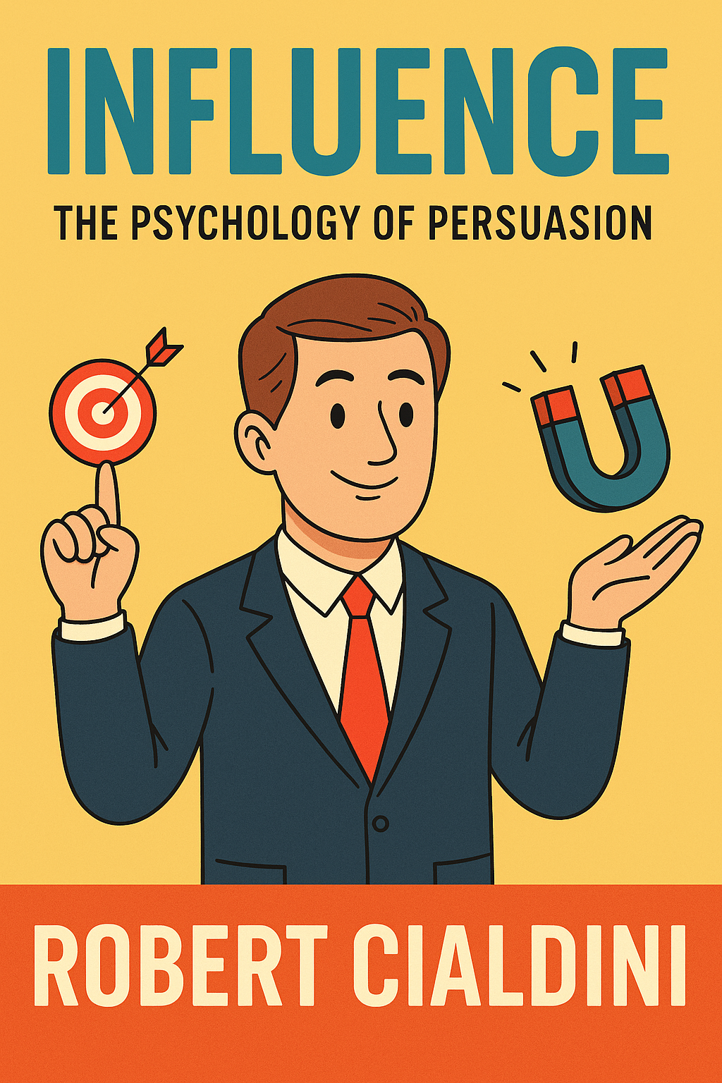 Cartoon-style image of a businessman holding a magnet and target, symbolizing persuasion, with the title “Influence: The Psychology of Persuasion” by Robert Cialdini.