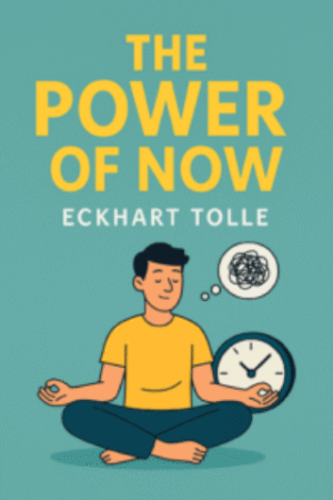 Cartoon-style book cover for The Power of Now by Eckhart Tolle featuring a calm man meditating with a clock and thought bubble beside him, symbolizing mindfulness and present-moment awareness.
