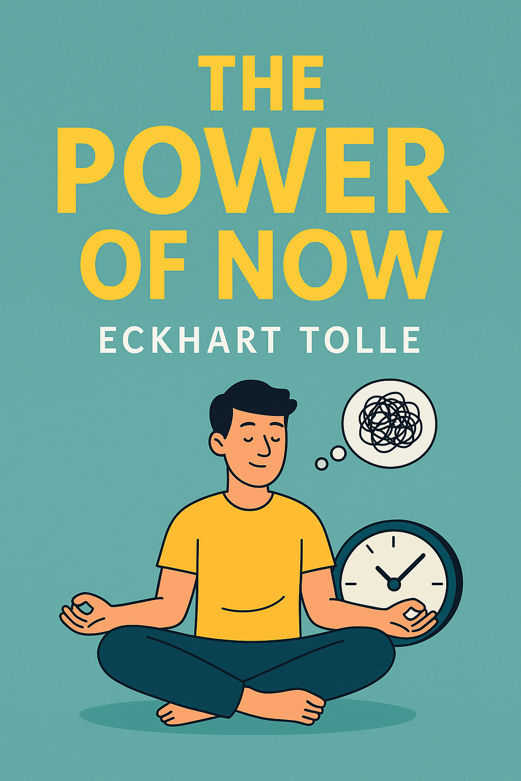Cartoon-style book cover for The Power of Now by Eckhart Tolle featuring a calm man meditating with a clock and thought bubble beside him, symbolizing mindfulness and present-moment awareness.